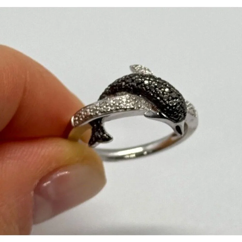 925 STERLING SILVER MARCASITE & CZ DOLPHIN RING SIZE 6